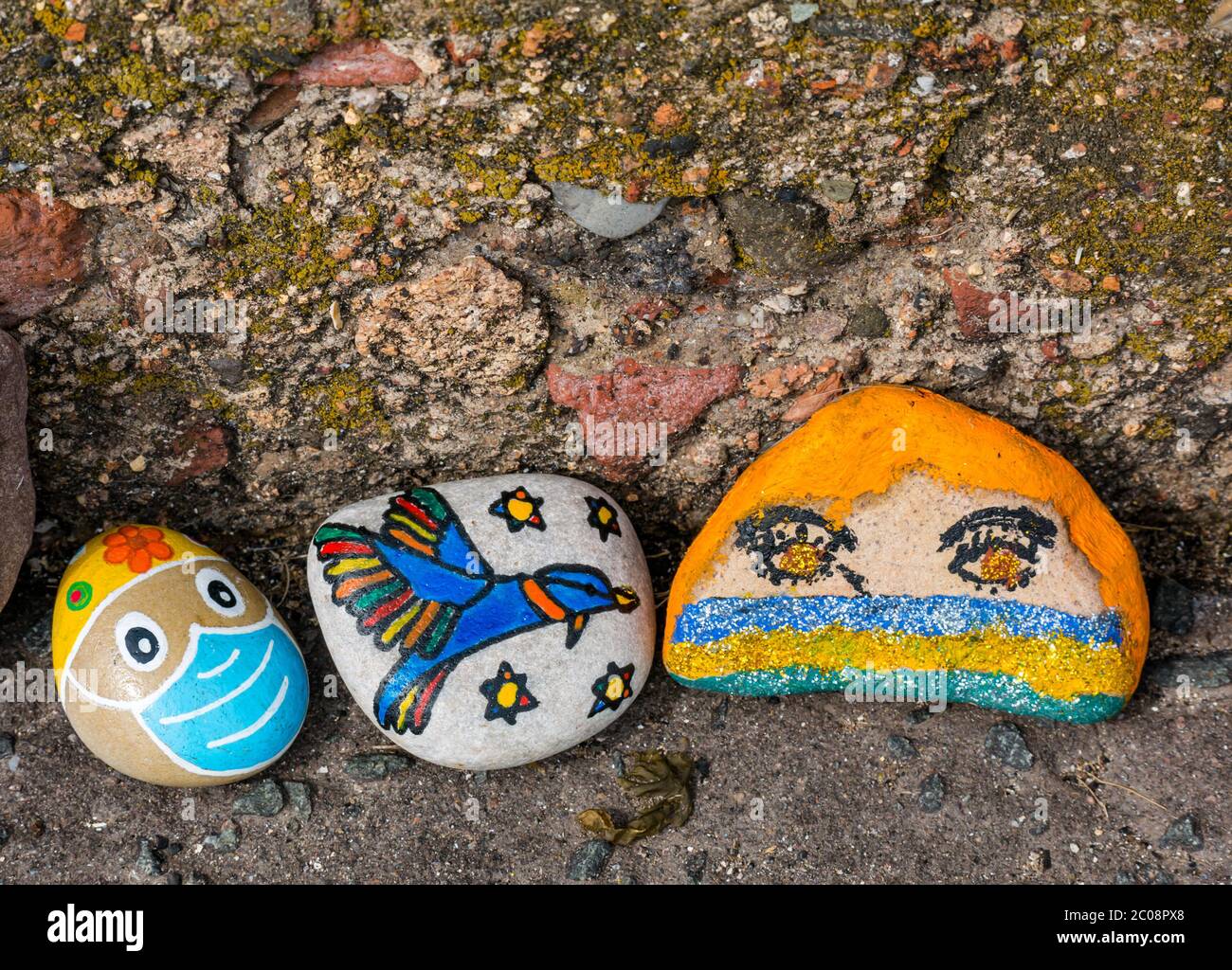 Port Seton, East Lothian, Schottland, Großbritannien. Juni 2020. Covid-19 Pandemiesymbole von Einheimischen: Eine hunderte Meter lange Linie an der Strandpromenade mit bunten und kreativen handbemalten Steinen mit inspirierenden Botschaften. Steine mit Gesichtsmaske und Vogel Stockfoto