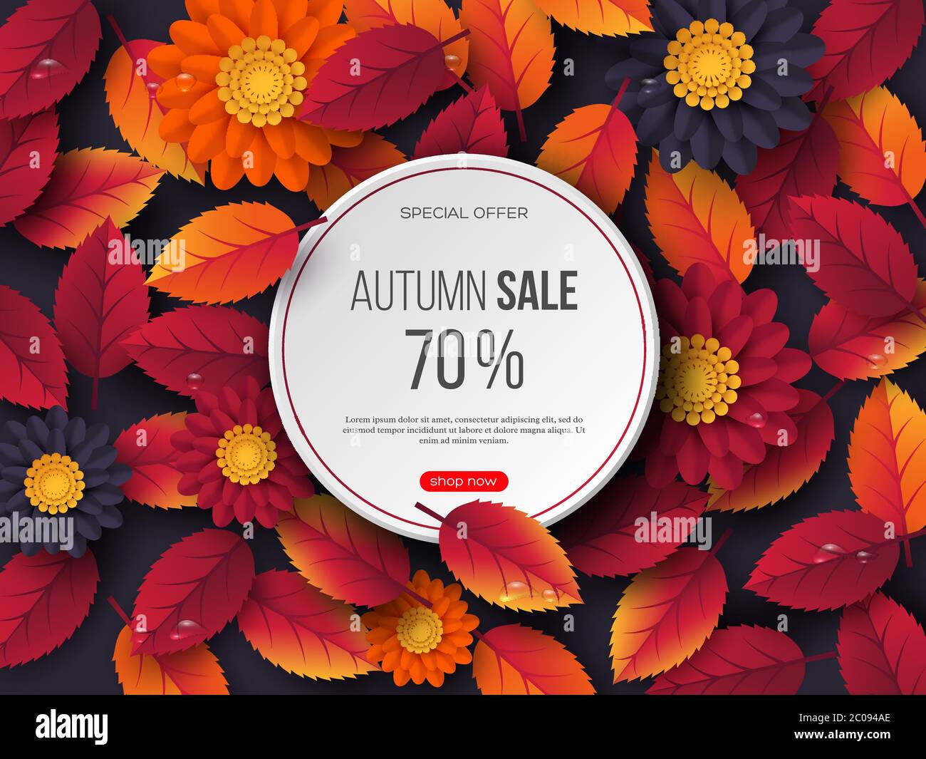 Herbst Verkauf rundes Banner mit 3d-Blättern, Blumen und Wassertropfen. Violetter Hintergrund - Vorlage für saisonale Rabatte, Vektor-Illustration. Stock Vektor