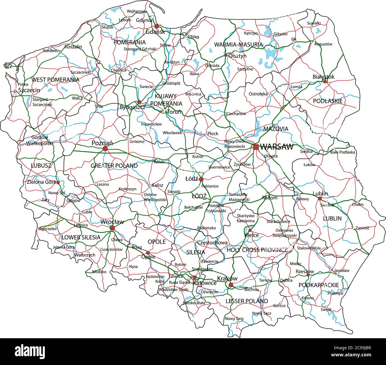 Polen Straßen- und Autobahnkarte. Vektorgrafik. Stock Vektor