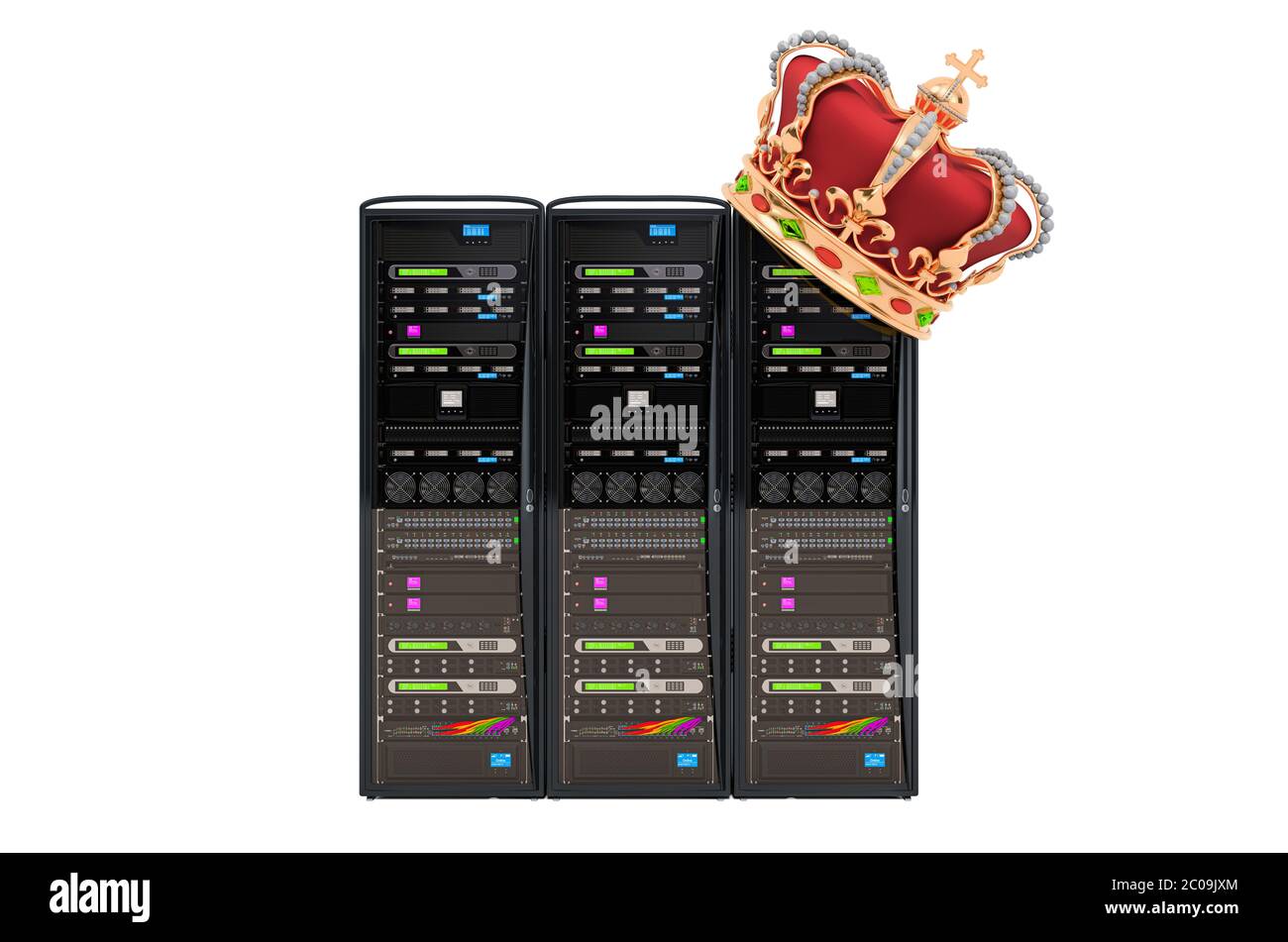 Computer-Server mit Krone. 3D-Rendering auf weißem Hintergrund isoliert Stockfoto