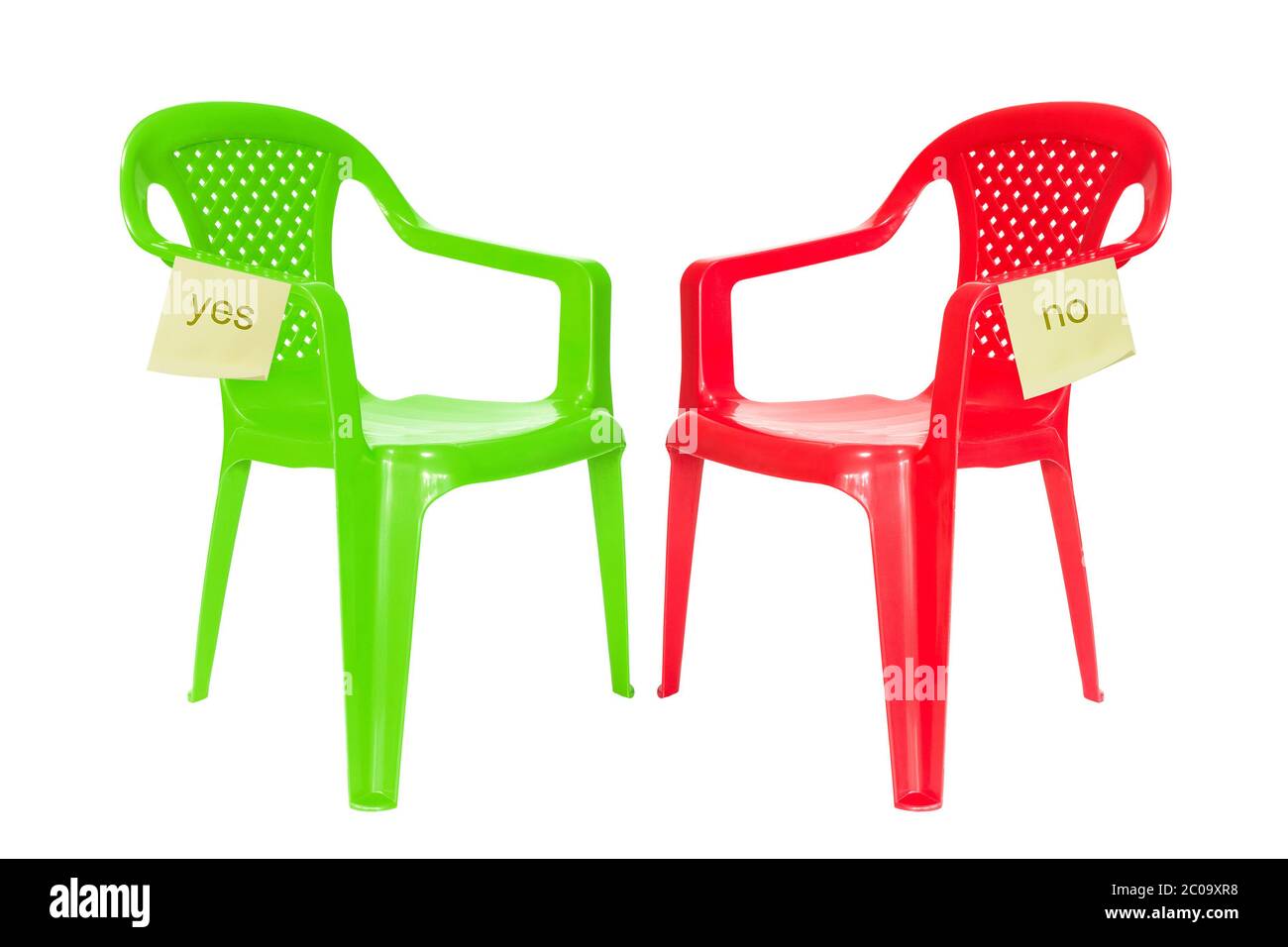 Grüner und roter Stuhl für Debatte Stockfoto