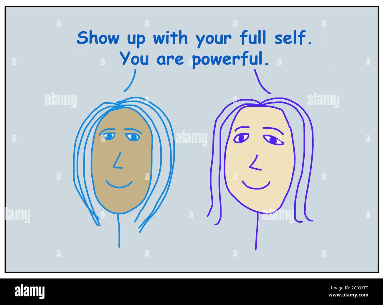 Farbe Cartoon von zwei lächelnden und ethnisch vielfältigen Frauen Angabe zeigen sich mit Ihrem vollen selbst, Sie sind mächtig. Stockfoto