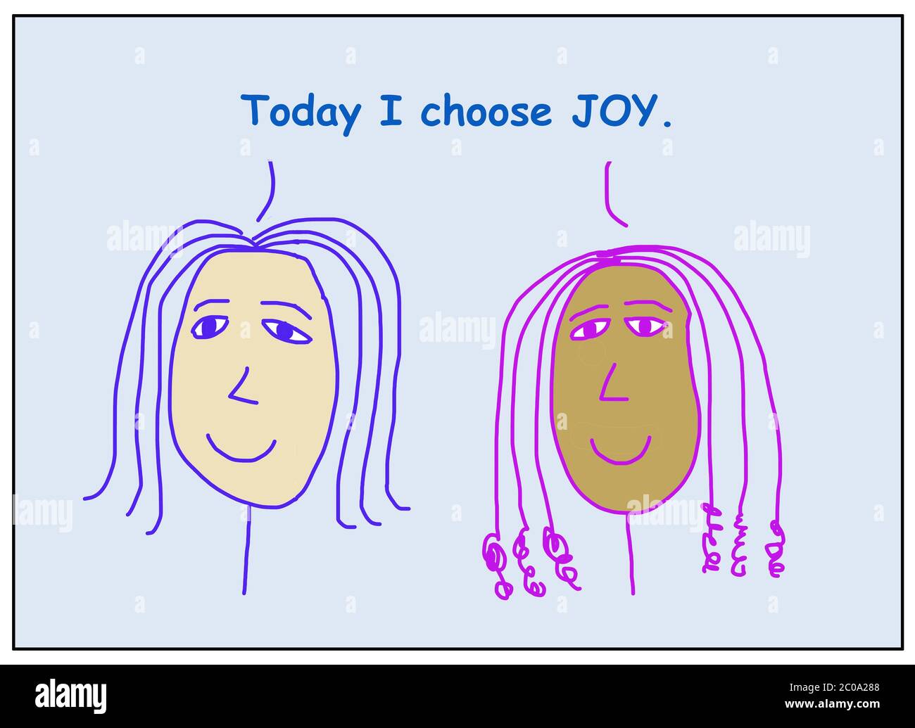Farbe Cartoon von zwei lächelnden, schönen und ethnisch vielfältigen Frauen, die heute ich wählen Freude. Stockfoto