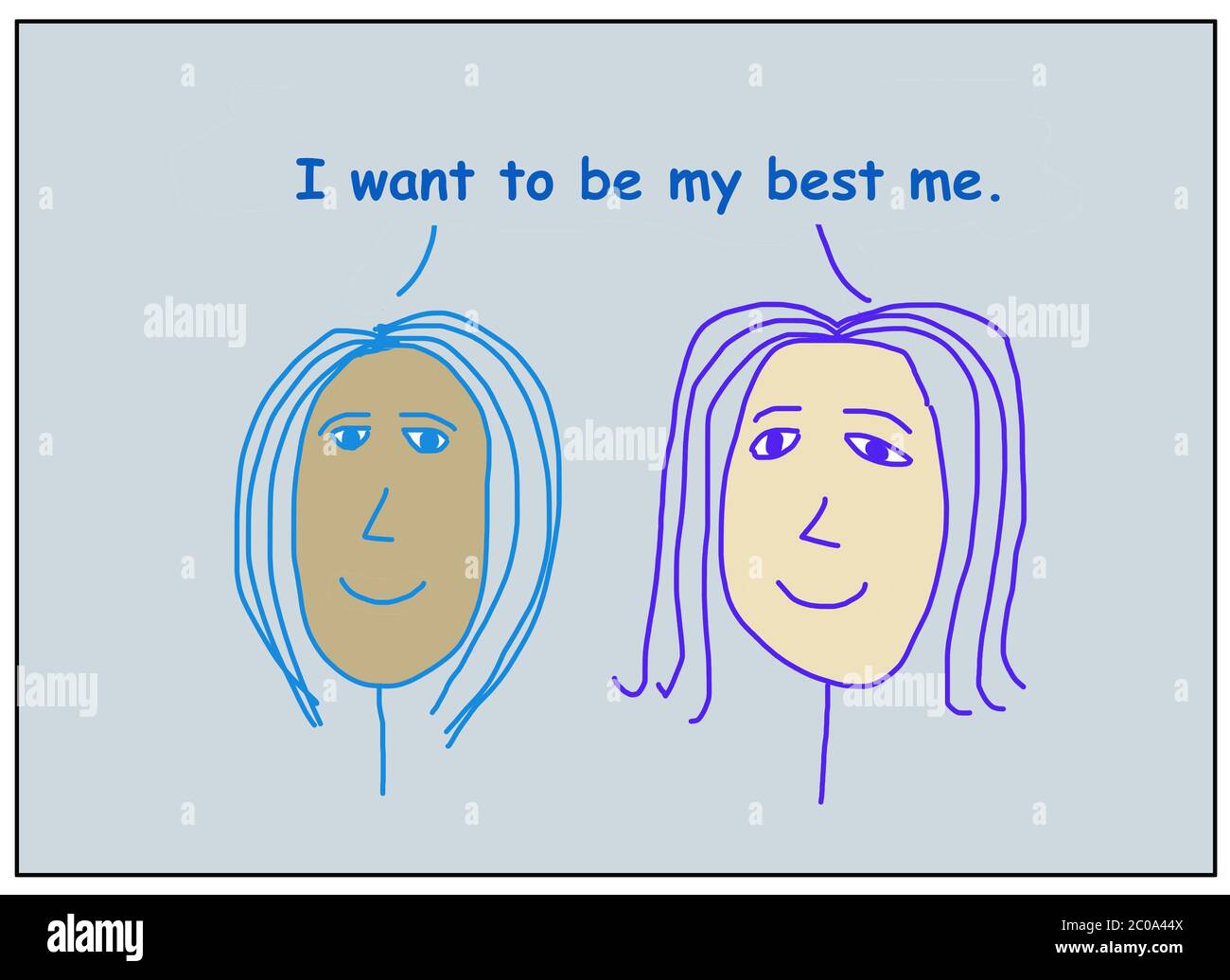 Farbe Cartoon von zwei lächelnden und ethnisch verschiedenen Frauen besagt, dass ich mein Bestes mich sein will. Stockfoto