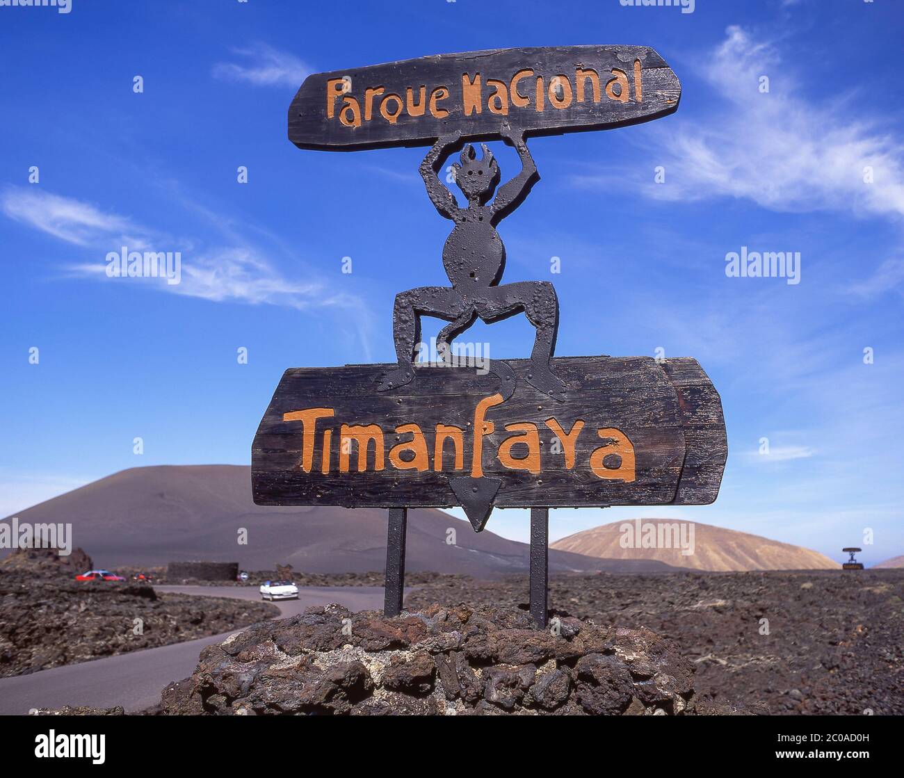 Ortseingangsschild post, Nationalpark Timanfaya, Lanzarote, Kanarische Inseln, Spanien Stockfoto