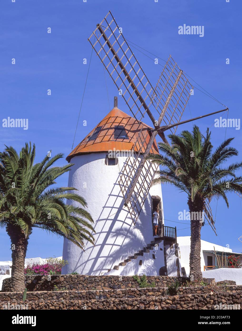 Windmühle im Museo Agrícola El Patio (Landwirtschaftsmuseum), Tiagua, Teguise, Lanzarote, Kanarische Inseln, Spanien Stockfoto