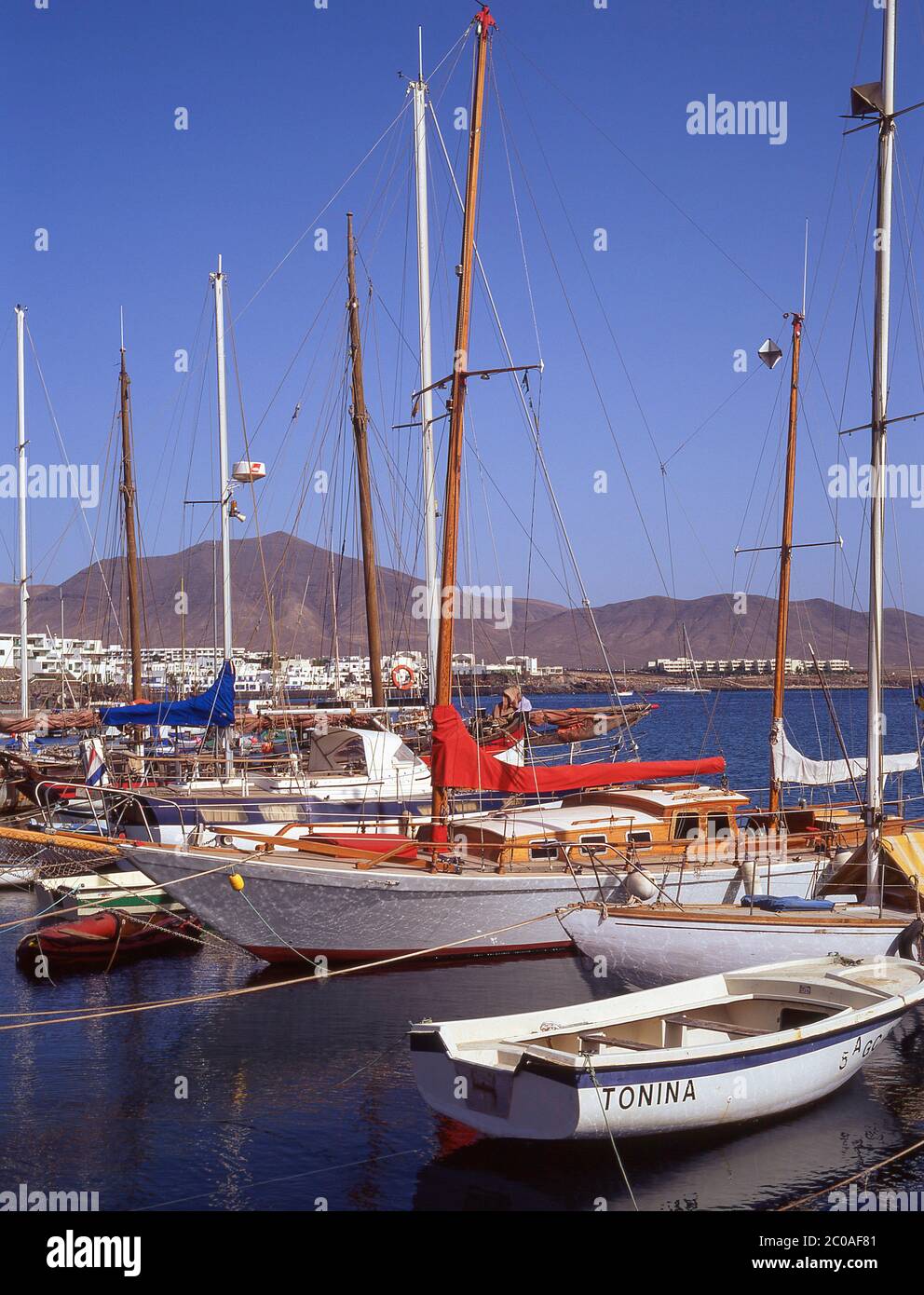 Hafenblick, Playa Blanca, Lanzarote, Kanarische Inseln, Königreich Spanien Stockfoto