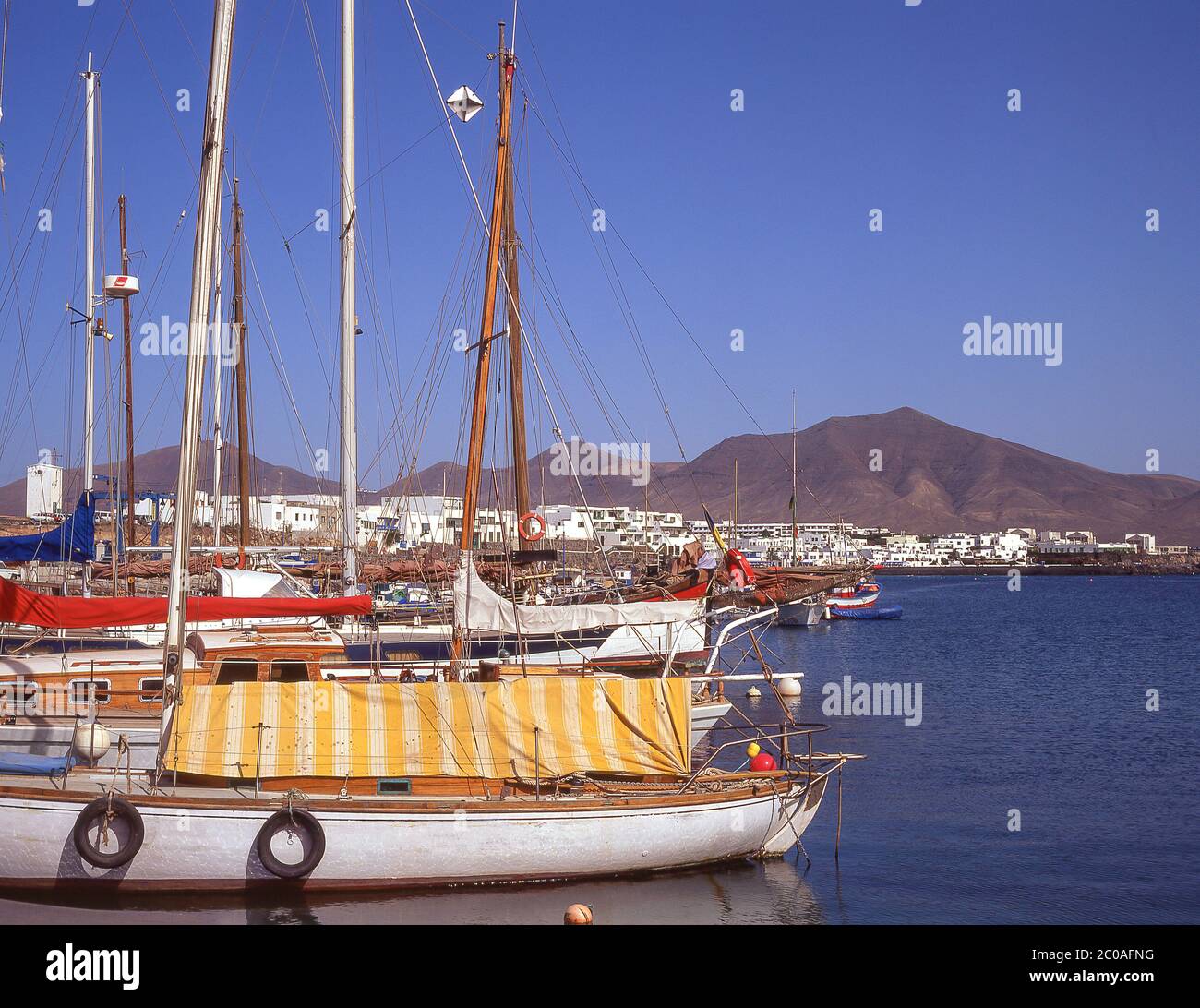 Hafenblick, Playa Blanca, Lanzarote, Kanarische Inseln, Königreich Spanien Stockfoto