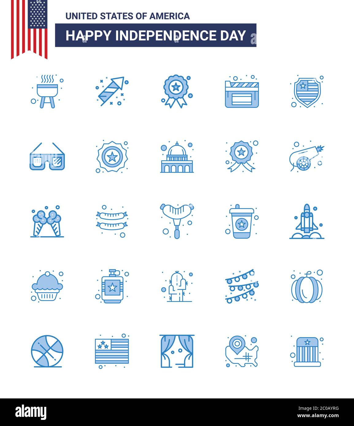 25 Blaue Zeichen für USA Independence Day Sonnenbrille; Schutz; unabhängig; amerikanisch; Filme editierbar USA Day Vektor Design-Elemente Stock Vektor