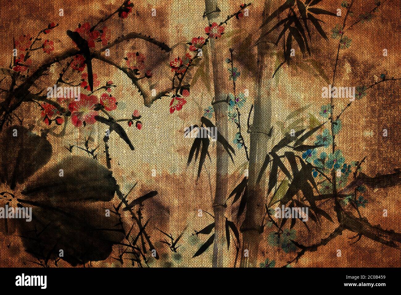 3d-Tapete, Schmetterlinge, chinesische Naturmalerei, alte Leinwandtextur. Wandgemälde-Effekt. Stockfoto