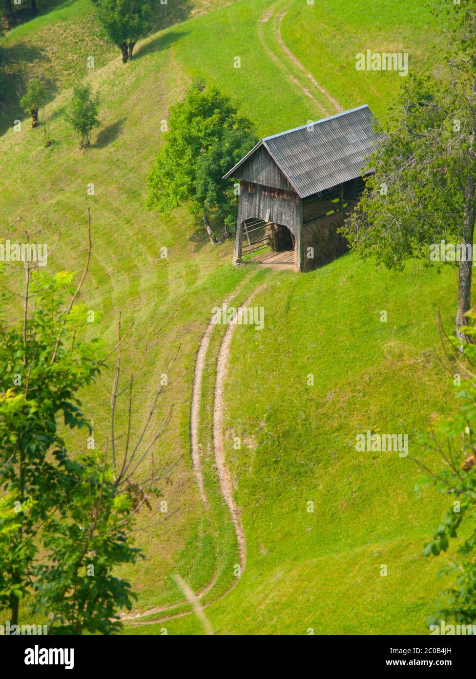 Luftaufnahme der traditionellen slowenischen Berglandschaft mit Heuschuppen in steilen Hügel, Julischen Alpen, Slowenien Stockfoto