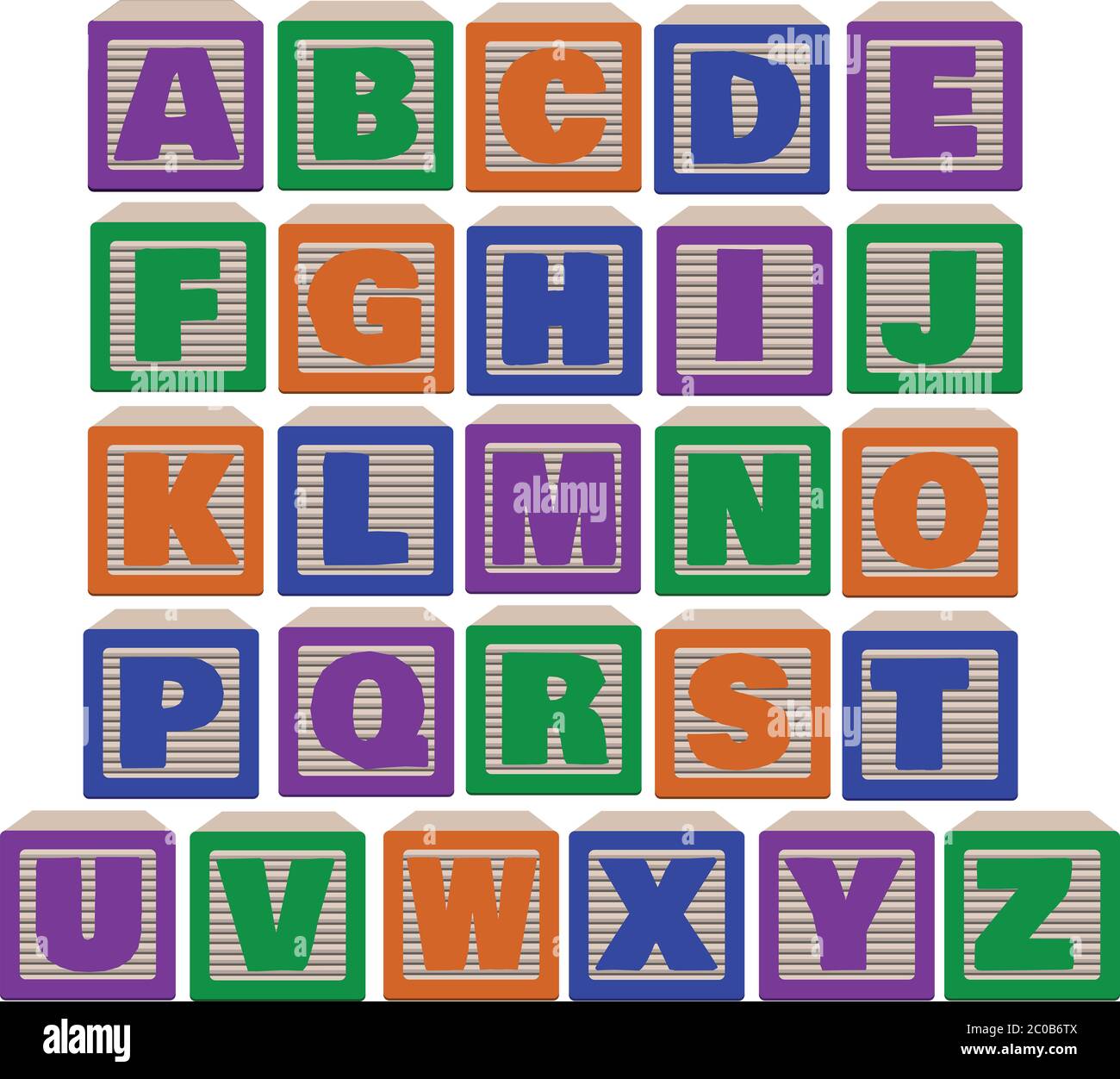 Gleiche Ansicht 26 Buchstaben von Alphabetischen Blöcken in kräftigen Farben, lila, grün orange und blau. Abbildung. Stockfoto