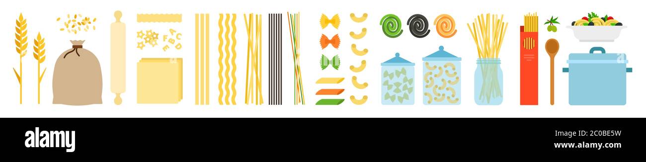 Satz von Pasta Kochschritte Vektor-Symbol flach isoliert Illustration Stock Vektor