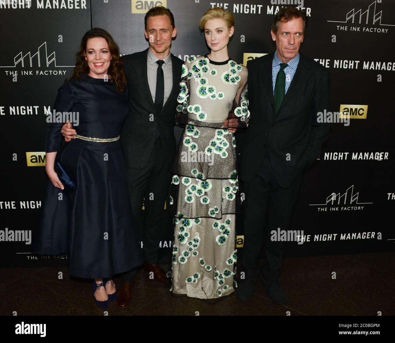 5. April 2016, Hollywood, Kalifornien, USA: Olivia Coleman, Tom Hiddleston, Elizabeth Debicki und Hugh Laurie nehmen an der Premiere von AMC's ''The Night Manager'' im DGA Theater Teil. (Bild: © Billy Bennight/ZUMA Wire) Stockfoto