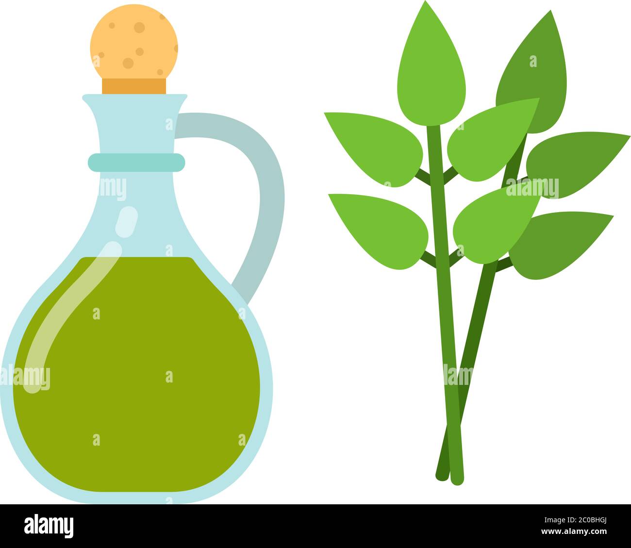 Olivenöl Kanne und Lorbeerblatt flach Symbol Vektor isoliert Stock Vektor