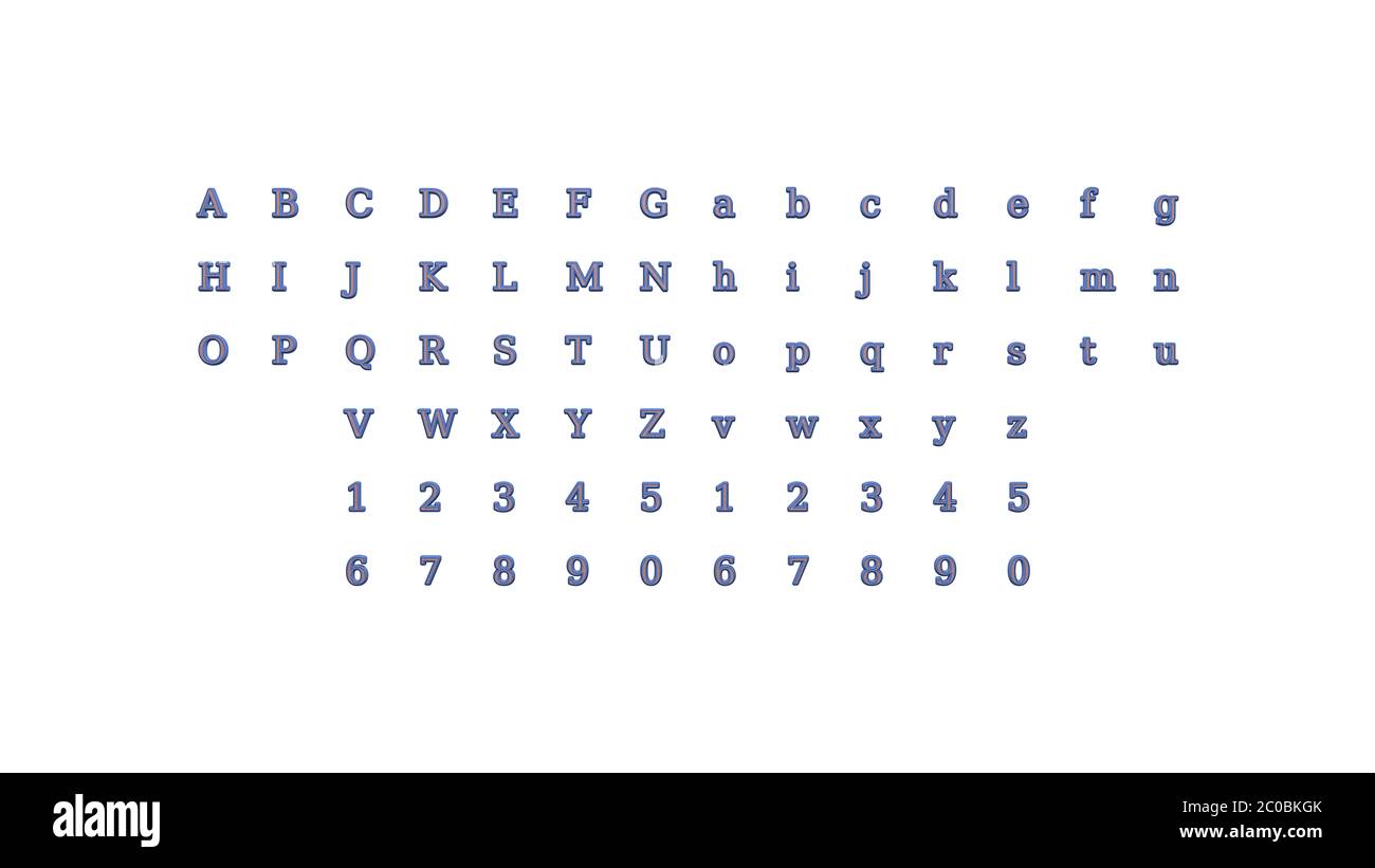 Vollständige Reihe von englischen Alphabeten in 3D-Illustrationen, die Perspektiven und Beleuchtung auf jeder Seite auf einem weißen Hintergrund für Wort kombinat platziert Stockfoto