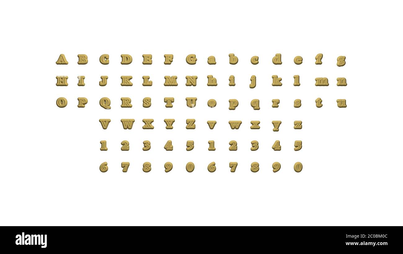 Vollständiger Satz englischer Buchstaben in 3D-Illustrationen, die auf zwei Seiten getrennt sind, um Perspektiven, Lichteinschlüsse und Schatten für realistische Kombinationen zu kombinieren Stockfoto