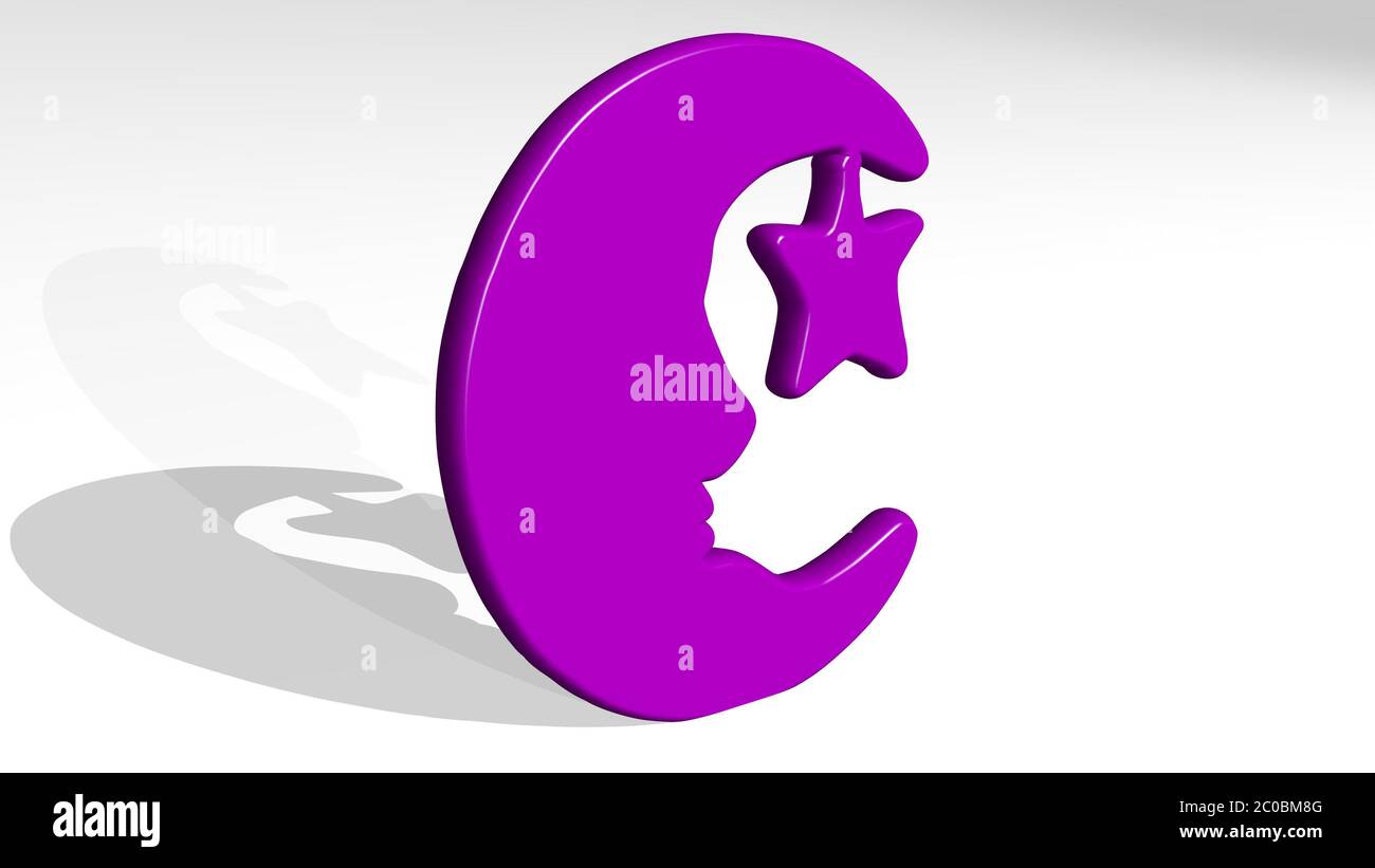 mond und Stern aus einer Perspektive auf der Wand. Eine dicke Skulptur aus metallischen Materialien von 3D-Rendering Stockfoto