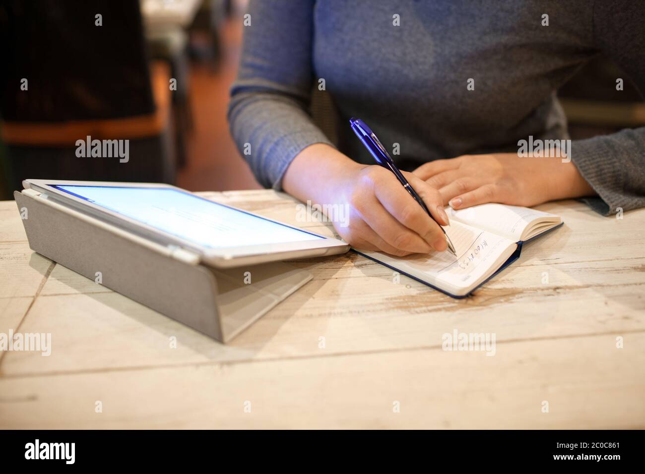 Frau, die Sie Informationen in notebook Stockfoto