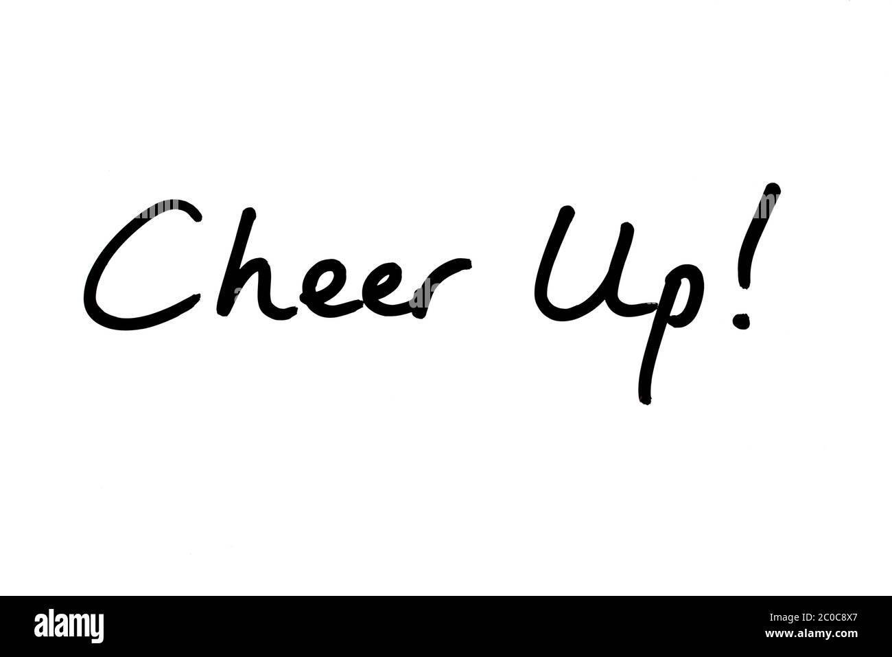 Kopf Hoch! Handgeschrieben auf weißem Hintergrund. Stockfoto