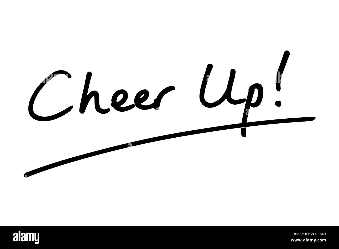 Kopf Hoch! Handgeschrieben auf weißem Hintergrund. Stockfoto