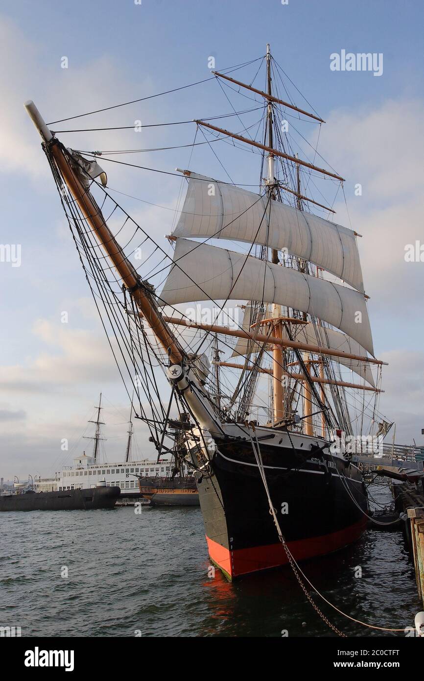 Star of India Tall Ship Museum in San Diego, Bogenansicht Stockfoto