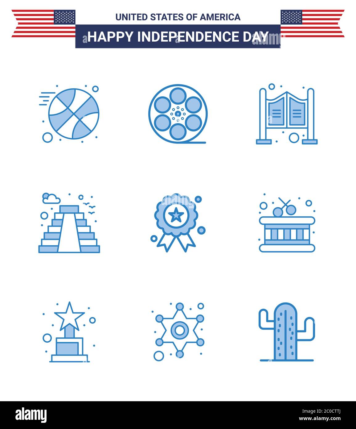 Packung mit 9 USA Independence Day Celebration Blues Zeichen und 4. Juli Symbole wie Unabhängigkeitstag; Urlaub; Haushalt; usa; Gebäude editierbar USA D Stock Vektor