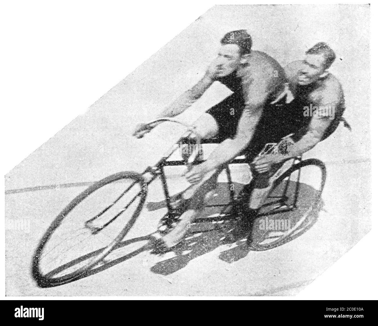 Tandemradfahrer. Illustration des 19. Jahrhunderts. Weißer Hintergrund. Stockfoto