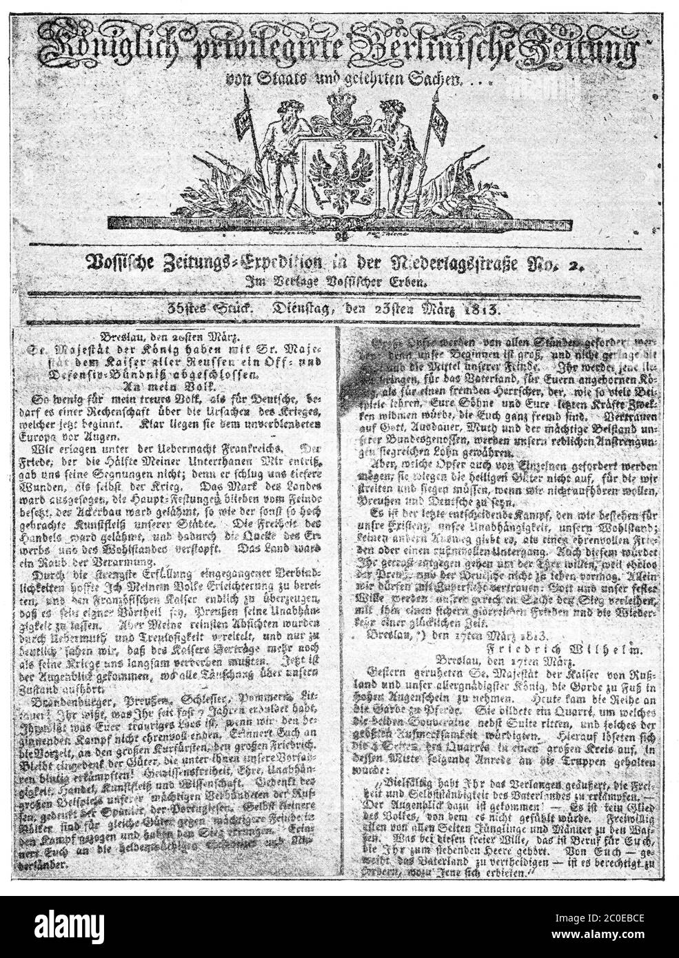 Berlinische Zeitung, datiert 23. März 1813. Illustration des 19. Jahrhunderts. Weißer Hintergrund. Stockfoto