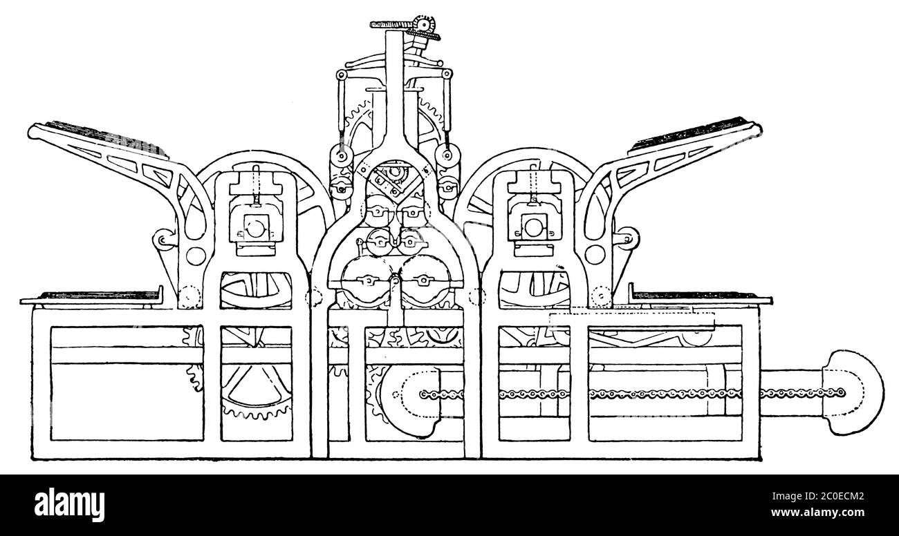 Die Dampfdruckmaschine von Koenig 1814. Illustration des 19. Jahrhunderts. Weißer Hintergrund. Stockfoto