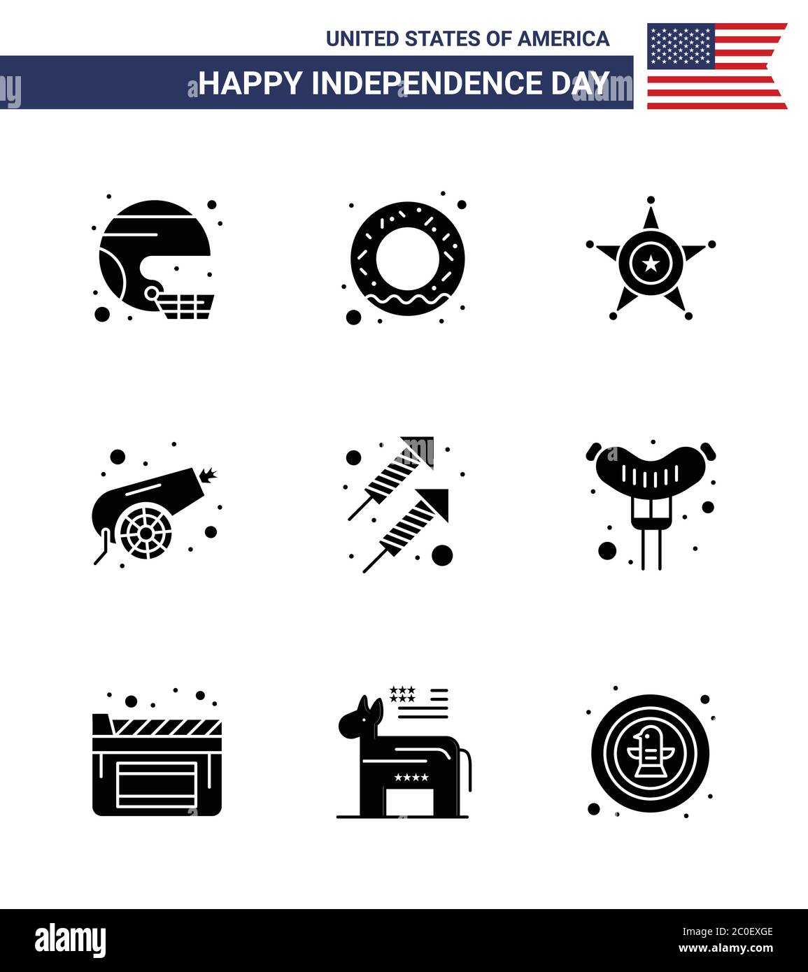 9-Pack kreative USA Independence Day Verwandte solide Glyphen der Feier; Krieg; Ernährung; Kanon; usa editierbare USA Day Vektor Design-Elemente Stock Vektor