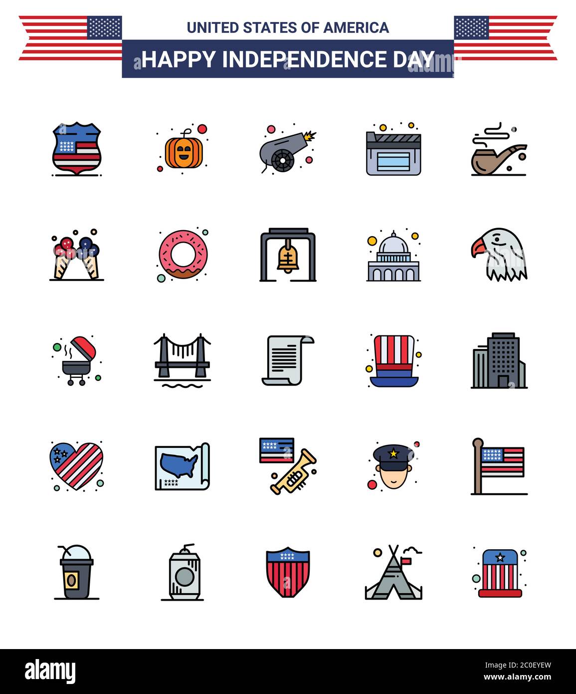 Happy Independence Day Pack von 25 flach gefüllte Linien Zeichen und Symbole für Eis; Rauch; Kanon; Rohr; Filme editierbare USA Day Vektor Design-Elemente Stock Vektor