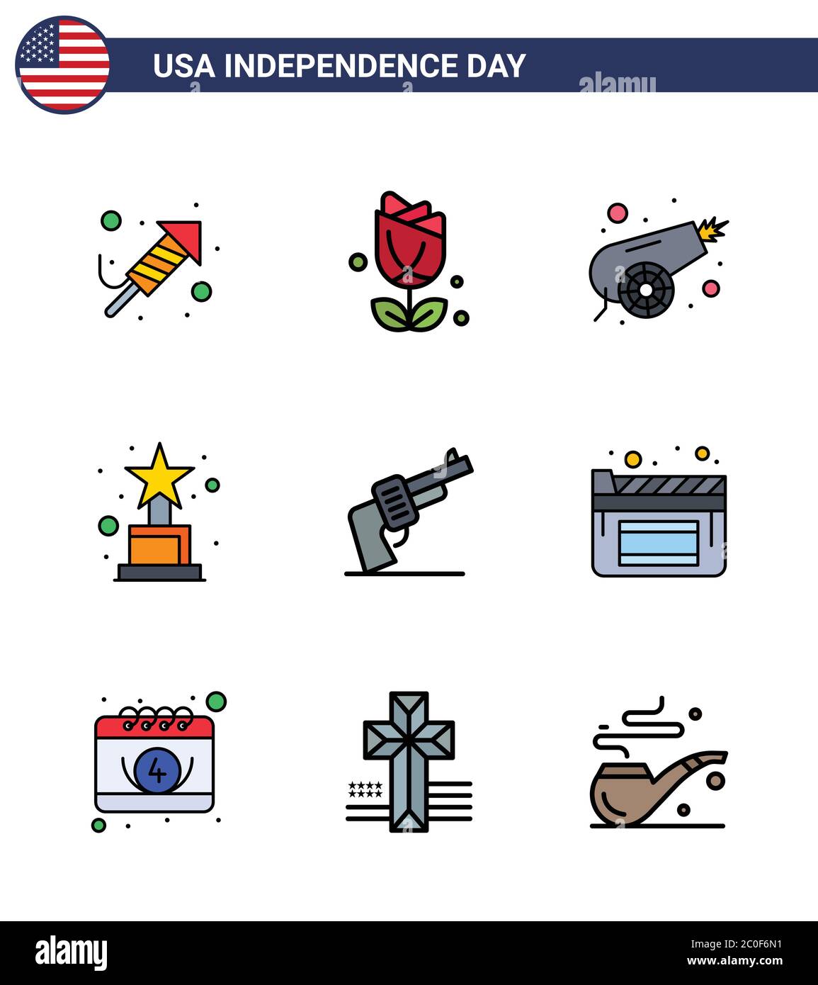 9 Creative USA Icons Moderne Unabhängigkeit Zeichen und 4. Juli Symbole der Waffe; Waffe; Armee; Trophäe; Leistung bearbeitbare USA Day Vektor Design Elemente Stock Vektor