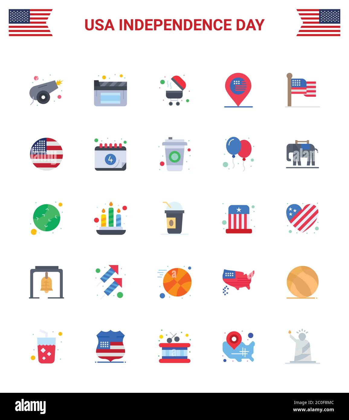 Gruppe von 25 Wohnungen Set für Unabhängigkeitstag der Vereinigten Staaten von Amerika wie usa; Flagge; bbq; american; Karte editierbare USA Day Vektor Design-Elemente Stock Vektor