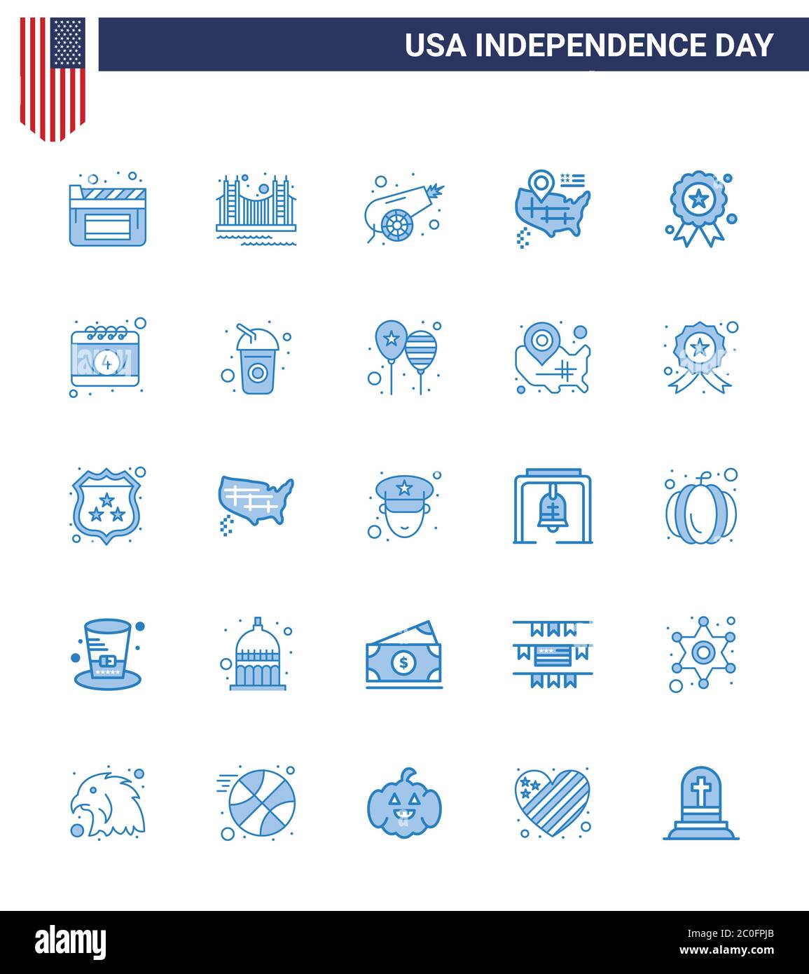 Set von 25 USA Day Icons amerikanische Symbole Unabhängigkeitstag Zeichen für Unabhängigkeit; amerikaner; usa; Karte; Waffe editierbare USA Day Vektor Design Elemente Stock Vektor