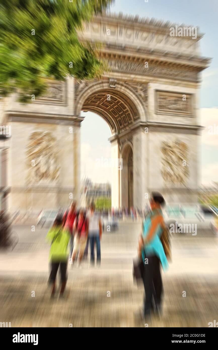 Abstrakter Hintergrund. Triumphbogen, Paris, Frankreich. Weichzeichner Effekt Unschärfe Filter angewendet, mit Vintage instagram-Look. Stockfoto