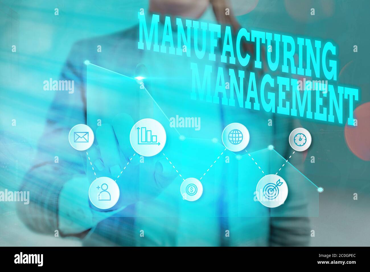 Notiz mit dem Fertigungsmanagement. Geschäftskonzept für Methoden zur Definition der Herstellung von Produkten Stockfoto