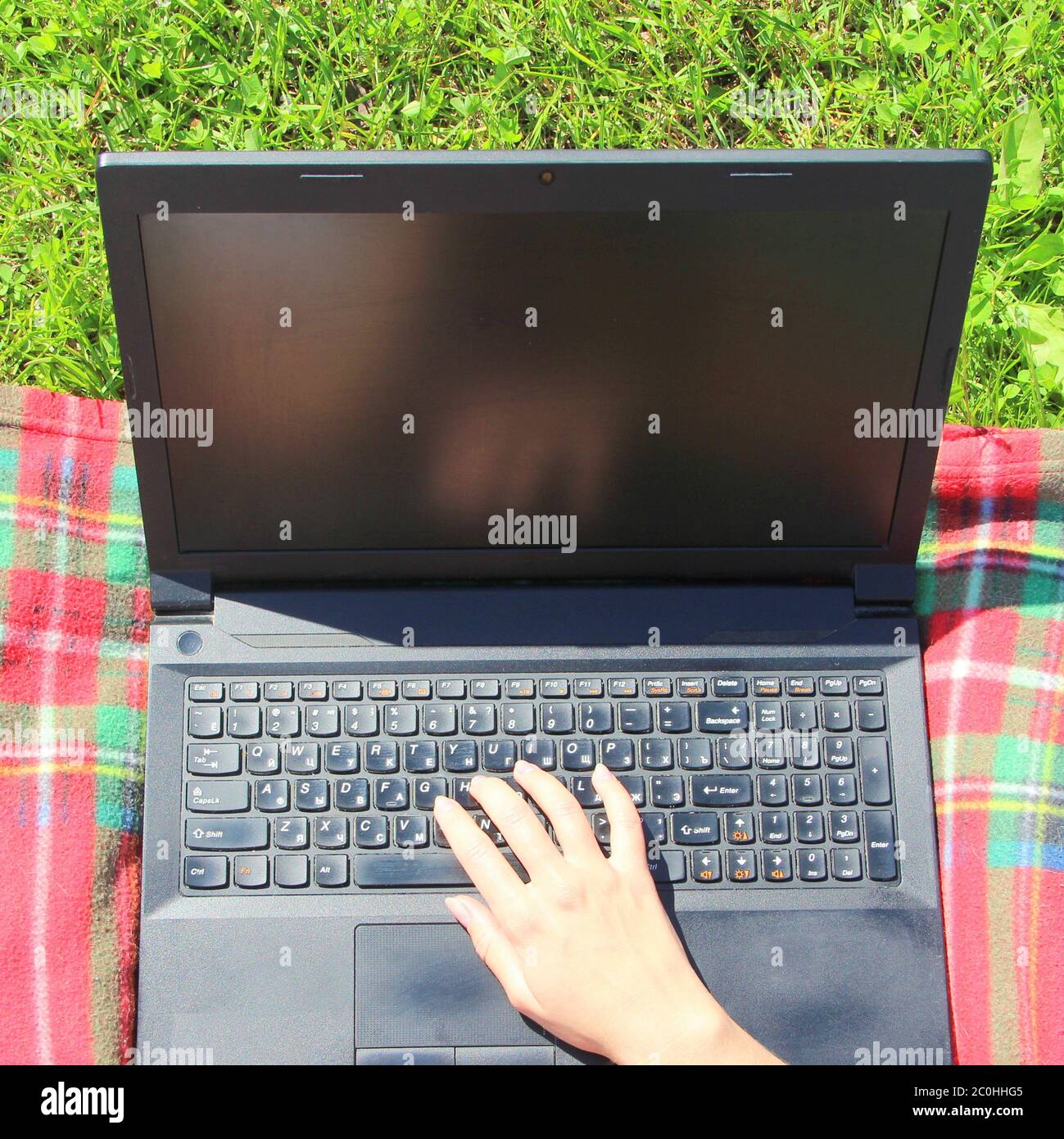 Der Laptop ist auf dem grünen Gras auf einem rot karierten Karomuschel, das Mädchen arbeitet am Computer auf dem Rasen. Die Hand des Mannes ist auf der Tastatur. Stockfoto