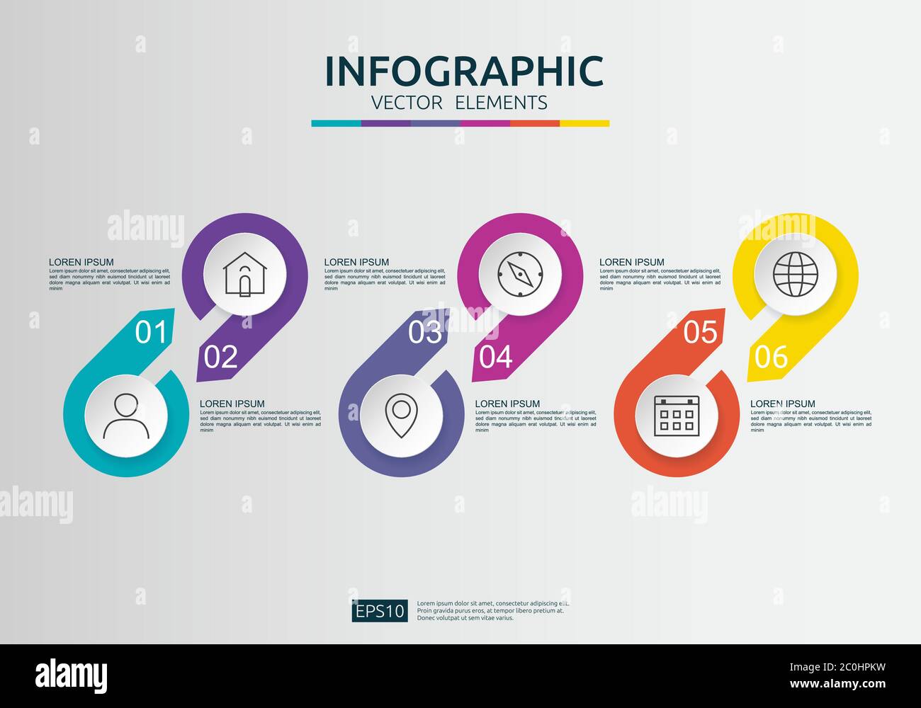 Infografik in 6 Schritten. Timeline-Design-Vorlage mit 3D-Papieretikett, integrierte Kreise. Geschäftskonzept mit Optionen. Für Inhalt, Diagramm, Flussdiagramm Stock Vektor