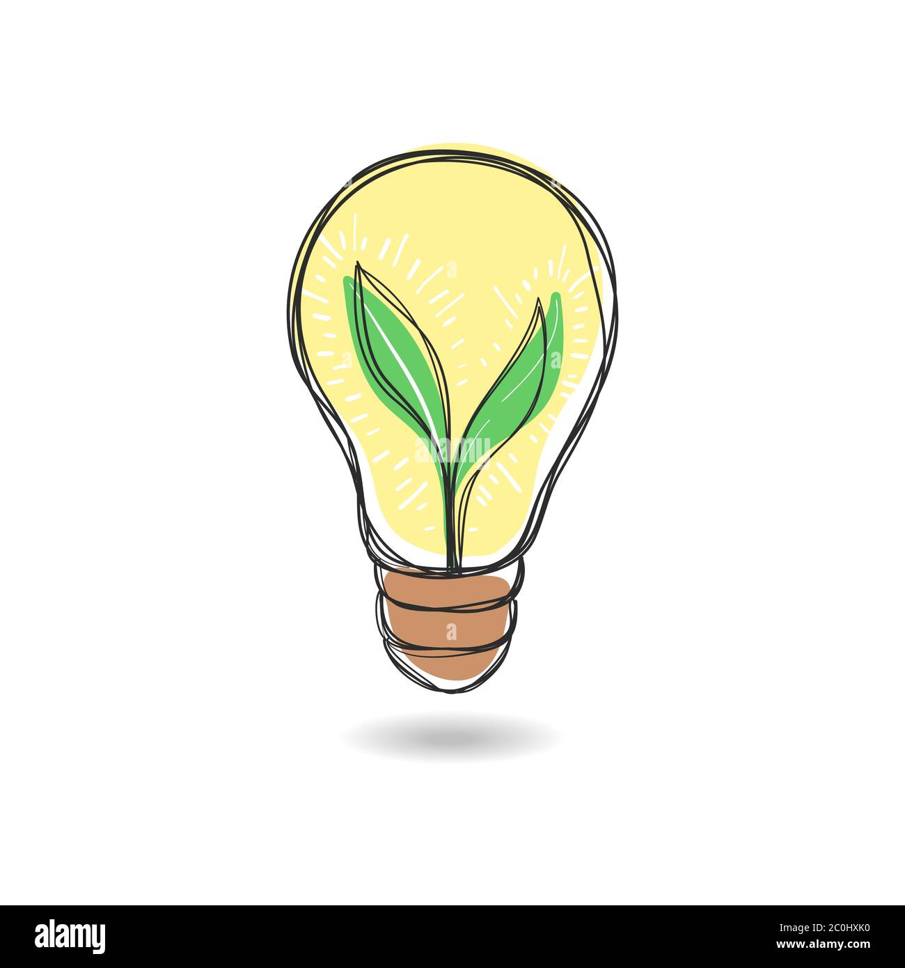 Glühlampe. Handgezeichnete Skizzendarstellung isoliert auf weißem Hintergrund. Ökologie Konzept. Green Eco Energy Konzept, Pflanze wächst im Inneren Stock Vektor