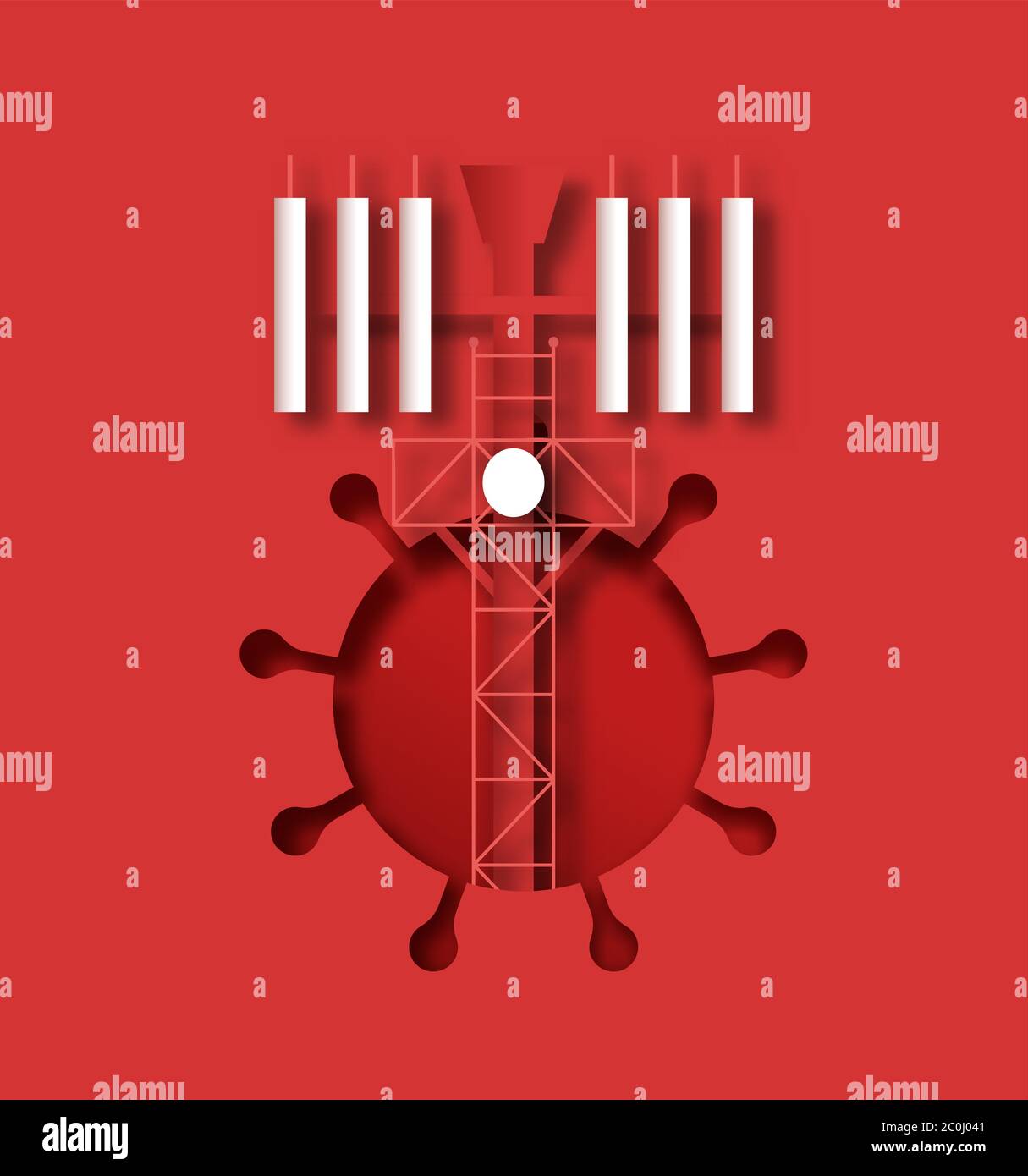 Coronavirus-Krankheit papiergeschnittene Illustration von 5g Turm in neuartigen covid-19 Symbol. Papierhandwerk medizinisches Design für gefährliche mobile Technologie Netzwerk con Stock Vektor