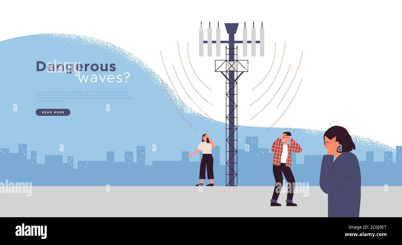 Gefährliche 5g Tower Waves Illustration für die Landung Web-Seite Vorlage. Schädliche mobile Technologie Netzwerk Gesundheitsrisiko Konzept mit traurigen Menschen im Kopf pai Stock Vektor