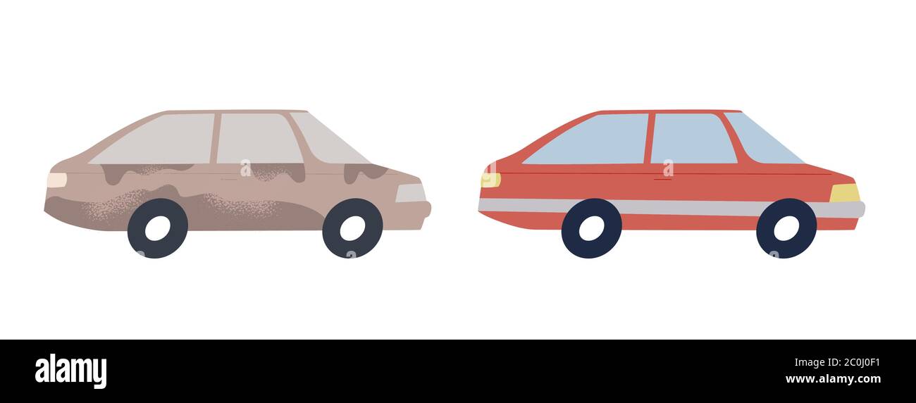 Schmutzige saubere Autos auf isoliertem weißen Hintergrund für die Autowaschanlage oder vor und nach dem Prozessergebnis. Klassische alte rote Fahrzeug flache Cartoon. Stock Vektor