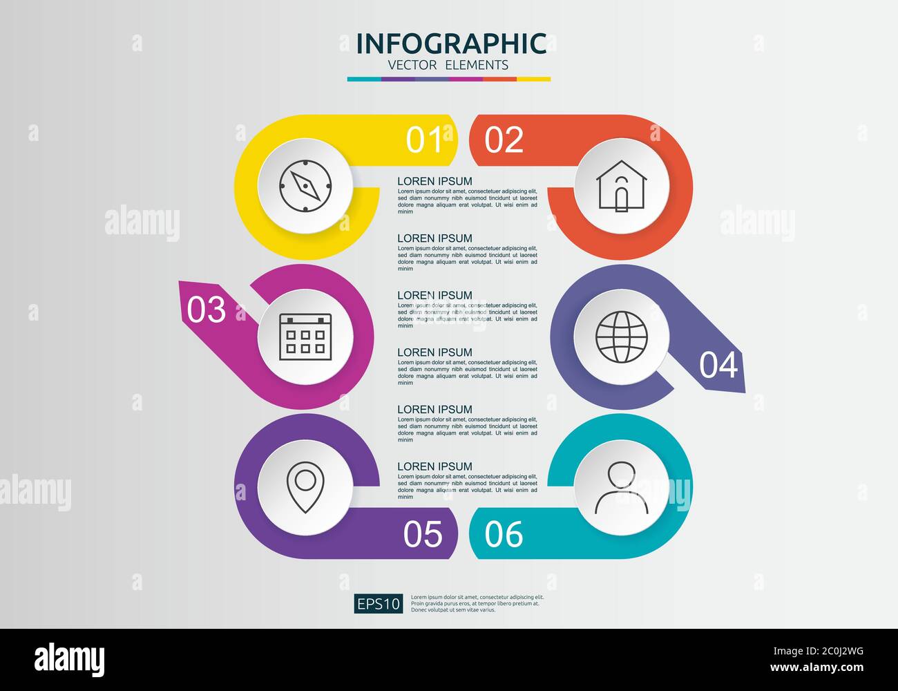 Infografik in 6 Schritten. Timeline-Design-Vorlage mit 3D-Papieretikett, integrierte Kreise. Geschäftskonzept mit Optionen. Für Inhalt, Diagramm, Flussdiagramm Stock Vektor