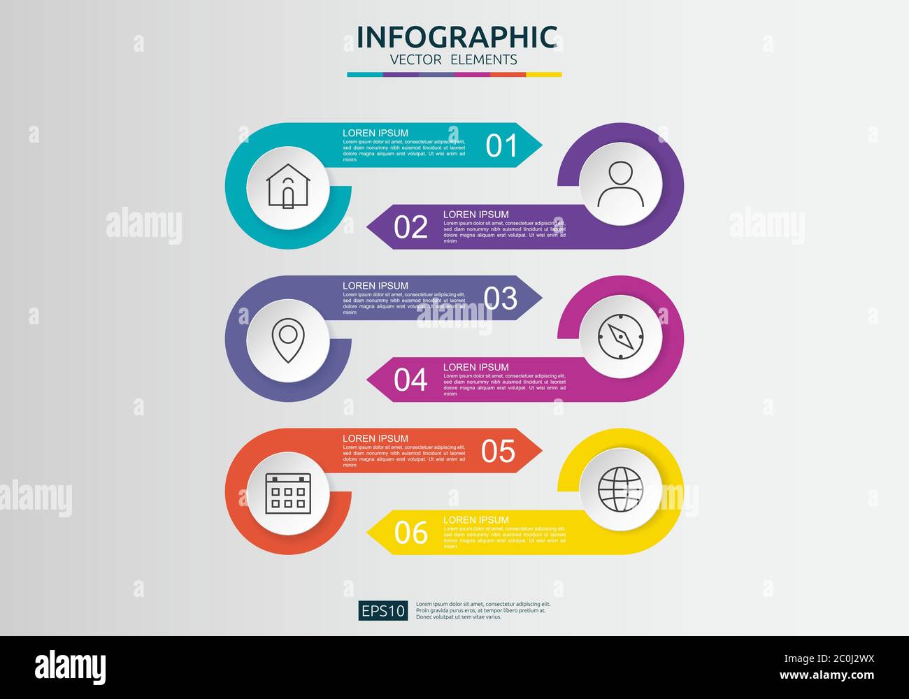 Infografik in 6 Schritten. Timeline-Design-Vorlage mit 3D-Papieretikett, integrierte Kreise. Geschäftskonzept mit Optionen. Für Inhalt, Diagramm, Flussdiagramm Stock Vektor