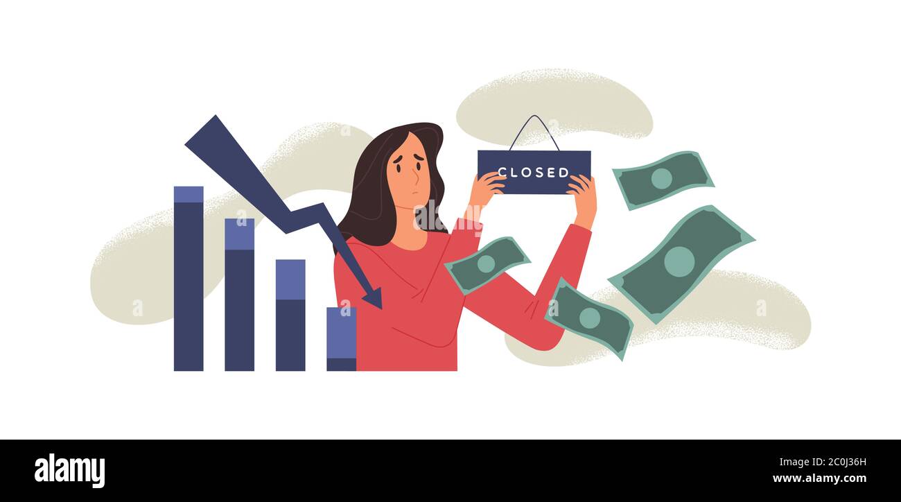 Traurige Frau Schließung Geschäft für Wirtschaftskrise, Marktcrash oder niedrigen Umsatz Konzept. Bankrott Mädchen Charakter besorgt mit Geld Probleme auf Isolate Stock Vektor