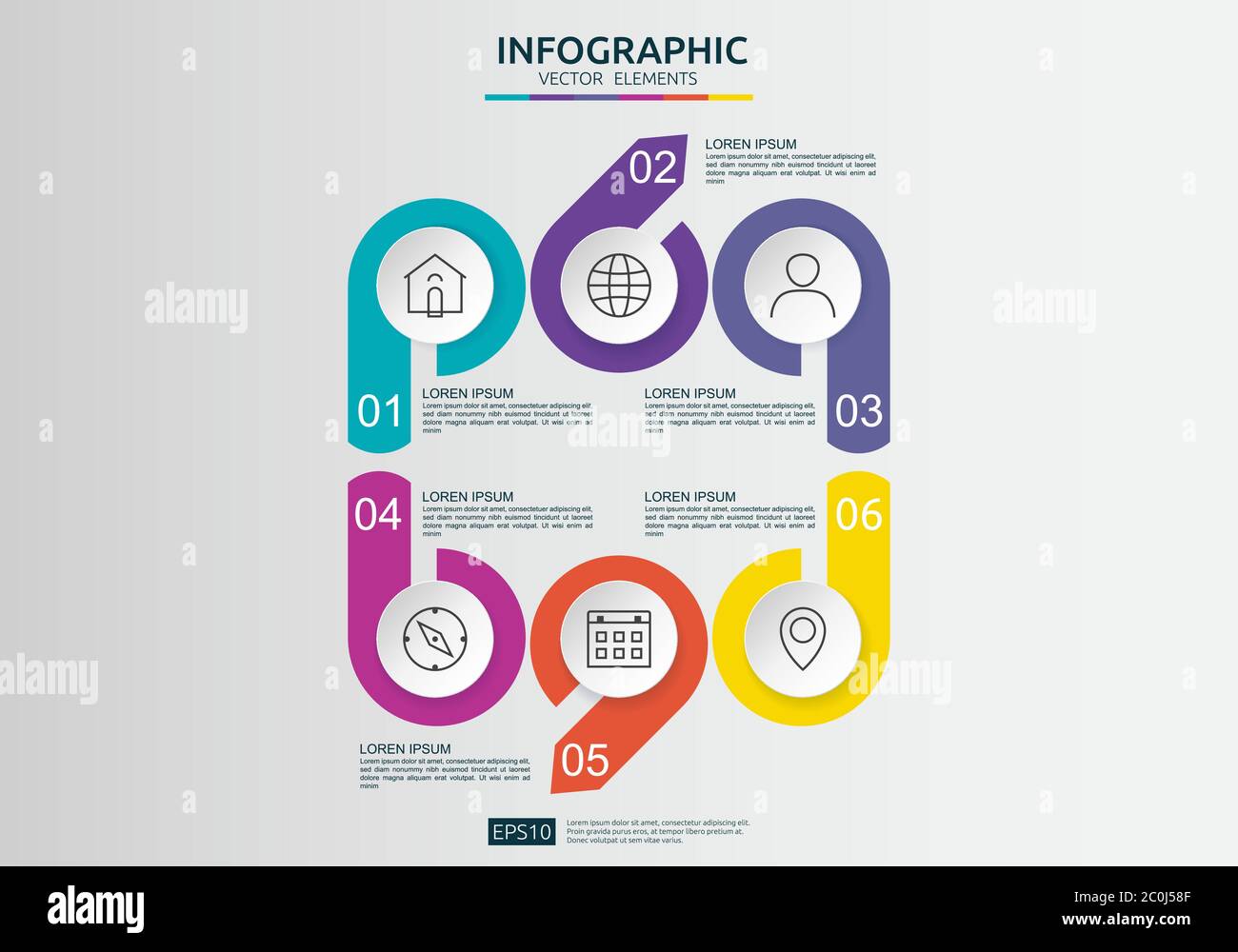 Infografik in 6 Schritten. Timeline-Design-Vorlage mit 3D-Papieretikett, integrierte Kreise. Geschäftskonzept mit Optionen. Für Inhalt, Diagramm, Flussdiagramm Stock Vektor