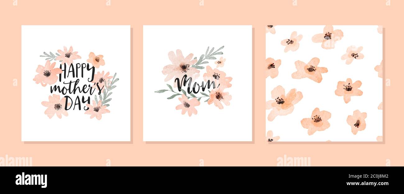 Happy Mothers Day Grußkarte Set von niedlichen rosa Aquarell Blumen Typografie Zitate und nahtlose Muster. Handgezeichneter floraler Feiertagsschriftzug mit f Stock Vektor