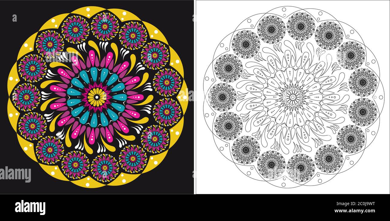 Malbuch Vorlage für Erwachsene und Kinder. Niedliche Mandala Cartoon Vektor Blume Stock Vektor