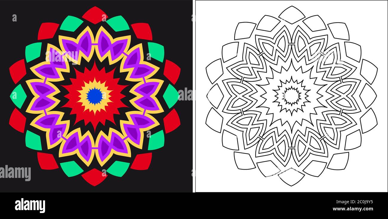 Malbuch Vorlage für Erwachsene und Kinder. Niedliche Mandala Cartoon Vektor Blume Stock Vektor